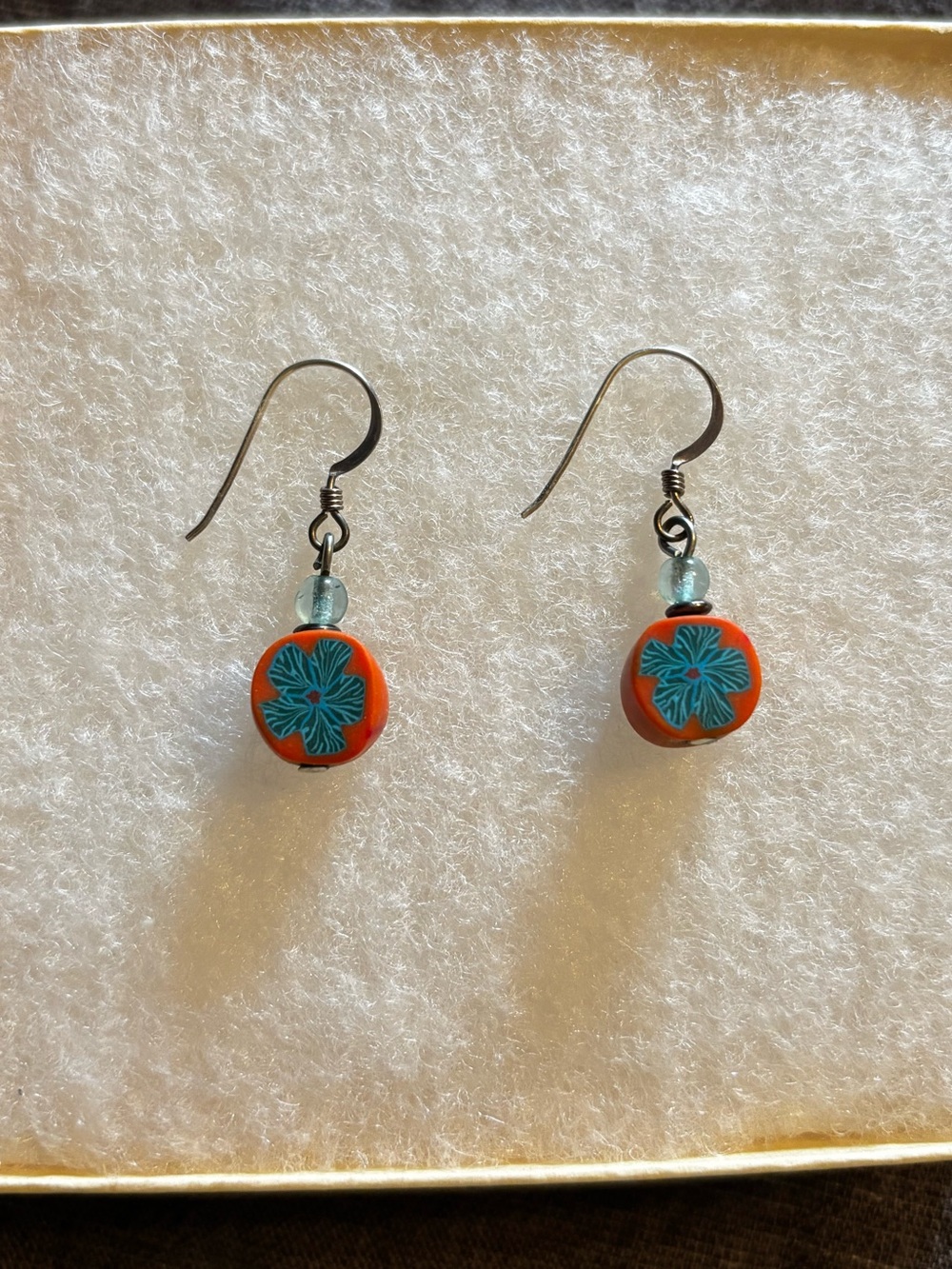 Orange Teal Flower Coin Bead Drop Earrings Boho Artisan Dangle Cottagecore